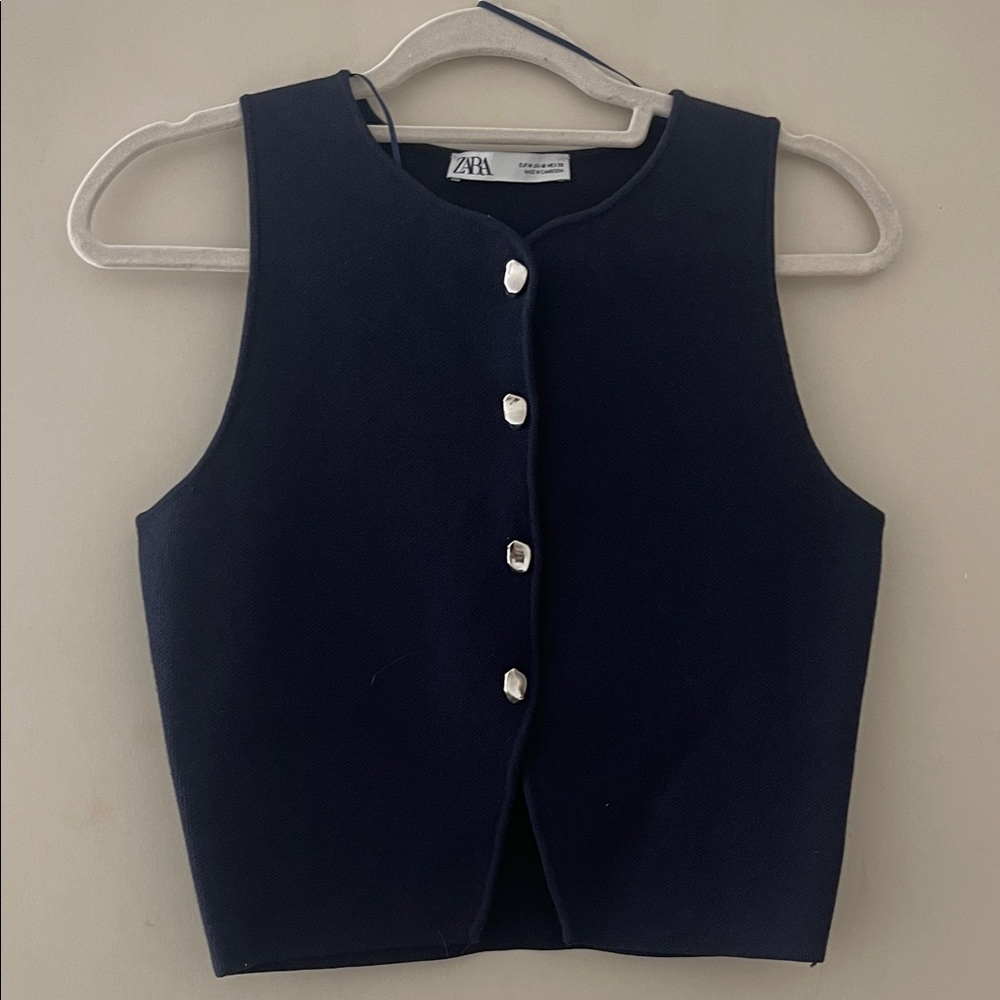 Zara Dark Blue Sleeveless Buttoned Vest
